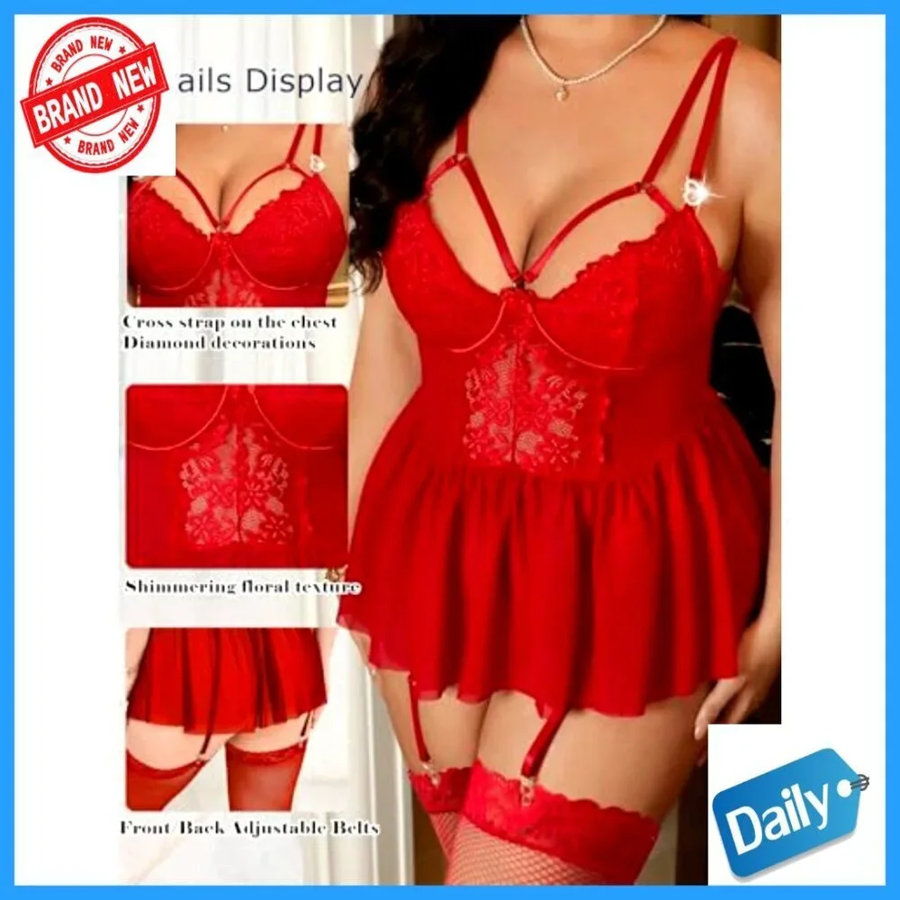Plus Size Lingerie Set with Garter Belt and Stockings, Lace and Mesh, 4-Piece